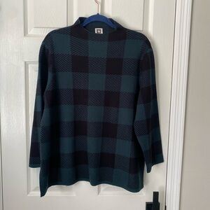 Anne Klein Plaid Top L Green Black Mock Neck Stretch Long Sleeve Workwear